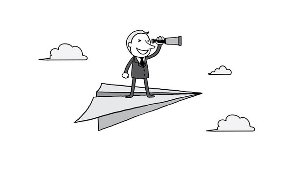 businessman looking telescope on big rocket paper over cloud in the sky. leader vision concept. isolated vector illustration outline hand drawn doodle line art cartoon design character.