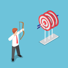 Isometric businessman shooting at the center of three target by one arrow.