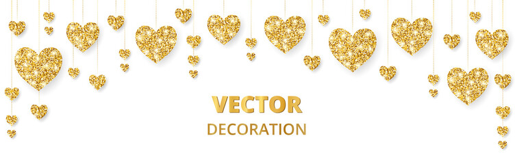 Golden hearts frame, border. Vector glitter isolated on white. For decoration of Valentine and Mothers day cards, wedding invitations
