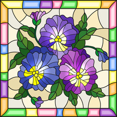 Illustration in stained glass style with flowers, buds , leaves and flowers of pansy on a light background in a bright frame