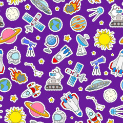 Seamless pattern on the theme of space and space travel color patch icons on purple background