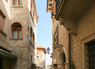 Obraz premium San marino, San Marino - July 10, 2017: design of a stone house with window and balcony.