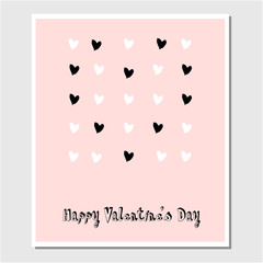 Romantic Trendy Greeting card with hand drawn brush hearts on milky pink. Happy Valentine s Day concept vector illustration design. Invitations, save the date, postcards, wallpaper, textile, headers