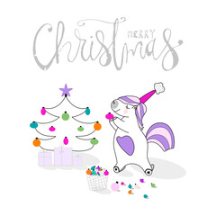 Cute Unicorn decorates the Christmas tree. Cartoon Merry Christmas greeting card. Happy Winter Holidays vector illustration design. Xmas or New Year digital background