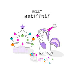 Cute Unicorn decorates the Christmas tree. Cartoon Merry Christmas greeting card. Happy Winter Holidays vector illustration design. Xmas or New Year digital background