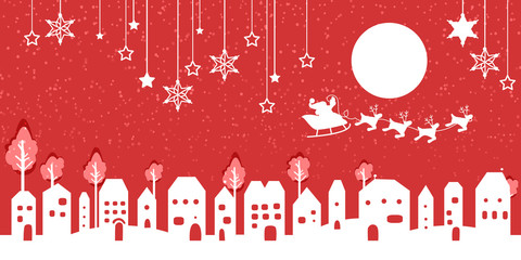 Silhouette of santa and village on red background.