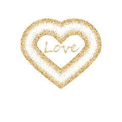 Golden frame in the shape of a heart made of golden confetti on white background.