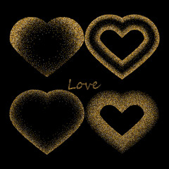 Shapes of four different hearts from golden glitter and pink scattering isolated on white. Four versions of heart logo for Valentine s day in 14 February.