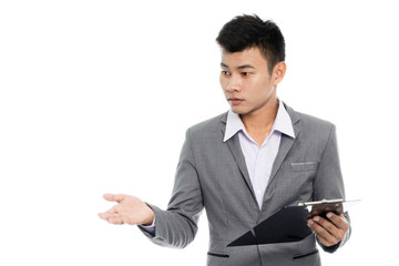 Portrait of a young business man wrap up. Isolated on white background