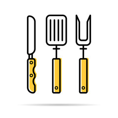 Knife, fork and spatula for grilling - linear icon