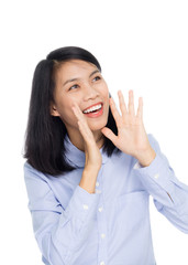 Fototapeta premium Beautiful asian business woman is yellng, portrait studio on white background