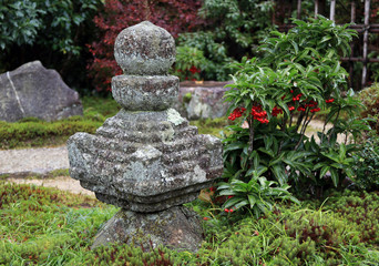 Japanese garden decorated stone cover by lichen moss and background the tree.