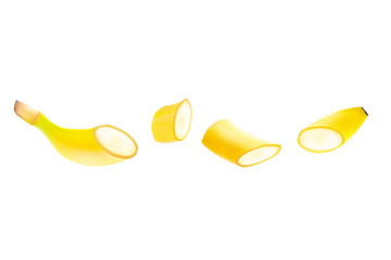 Banana with slices floating in the air, on a white background. Realistic vector illustration