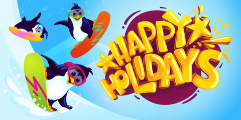 Happy holidays cartoon vector illustration. Penguins on snowboards on a blue background and logo with a yellow inscription. winter postcard