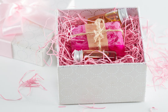 Essential oils and handmade soap in gift box