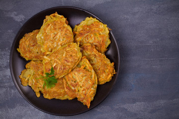 Potato Pancakes. Vegetable fritters, latkes, draniki. Overhead