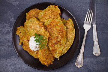 Potato Pancakes. Vegetable fritters, latkes, draniki. Overhead