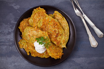 Potato Pancakes. Vegetable fritters, latkes, draniki. Overhead