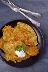 Potato Pancakes. Vegetable fritters, latkes, draniki. Overhead