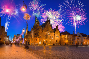 Fototapeta na wymiar New Years firework display in Wroclaw, Poland