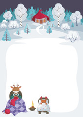 Children's background with the image of funny forest animals and winter landscape. 