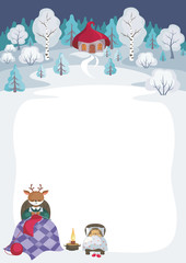 Children's background with the image of funny forest animals and winter landscape. 