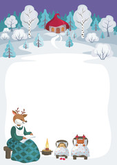 Children's background with the image of funny forest animals and winter landscape. 