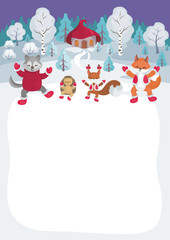 Children's background with the image of funny forest animals and winter landscape. 