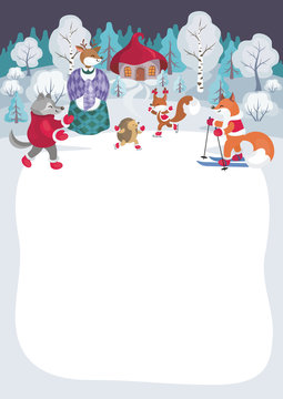 Children's background with the image of funny forest animals and winter landscape. 
