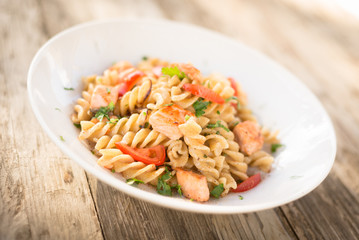 Fusilli al salmone, Italian Pasta with salmon fish 