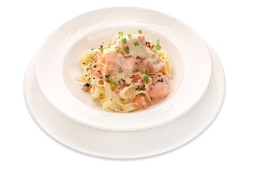 Italian pasta with seafood on a white background