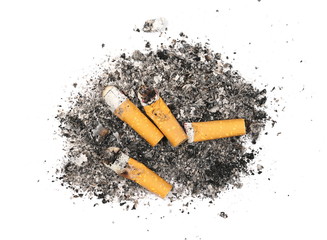 Cigarette stubs and ash isolated on white background, top view