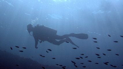 Silhouette of a scuba diver breathing out