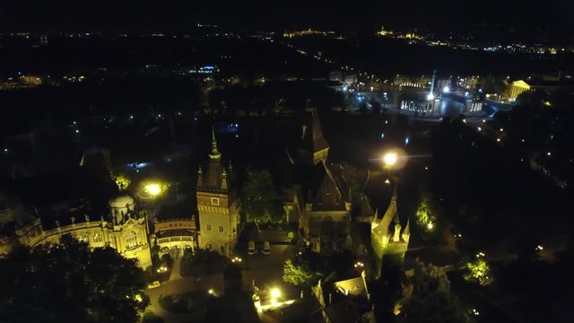 Aerial shot of Vajdahunyad castle and Heroes square, Budapest, Hungary