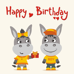Obraz na płótnie Canvas Happy birthday! Greeting card: funny donkey girl gives gift to boy donkey for birthday.