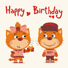 Happy birthday! Greeting card: funny kitten cat girl gives gift to boy kitten for birthday.