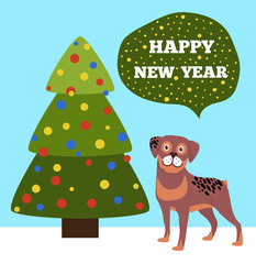 Happy New Years Placard with Tree and Puppy Icons