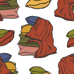 Pile of pillows and plaid. Vector seamless pattern with colorful pillows and coverlet. Template for fabrics, textiles, packaging, wrappers, web design or wrapping paper. Pajama Party color texture.