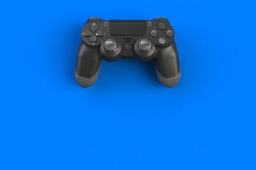 Computer game competition. Gaming concept. Black joystick isolated on blue background, 3D rendering