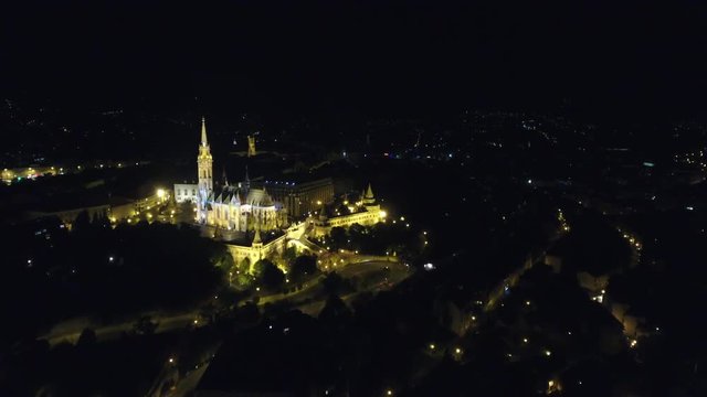 Matthias church aerial approach at night, Budapest, Hungary