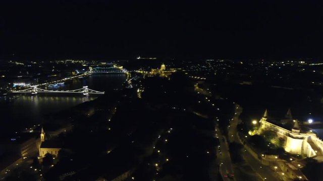Matthias church and city of Budapest night aerial landscape, Budapest, Hungary