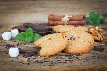 Ginger cookies with chocolate, cinnamon and walnuts
