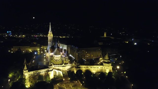 Matthias church at night aerial view, Budapest, Hungary