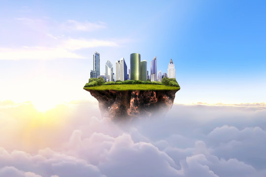 Modern cityscape with buildings and skyscrapers floating on clouds in sky