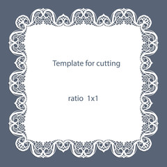 Greeting card with openwork border, paper doily under the cake, template for cutting, wedding invitation, decorative plate is laser cut, vector illustrations.