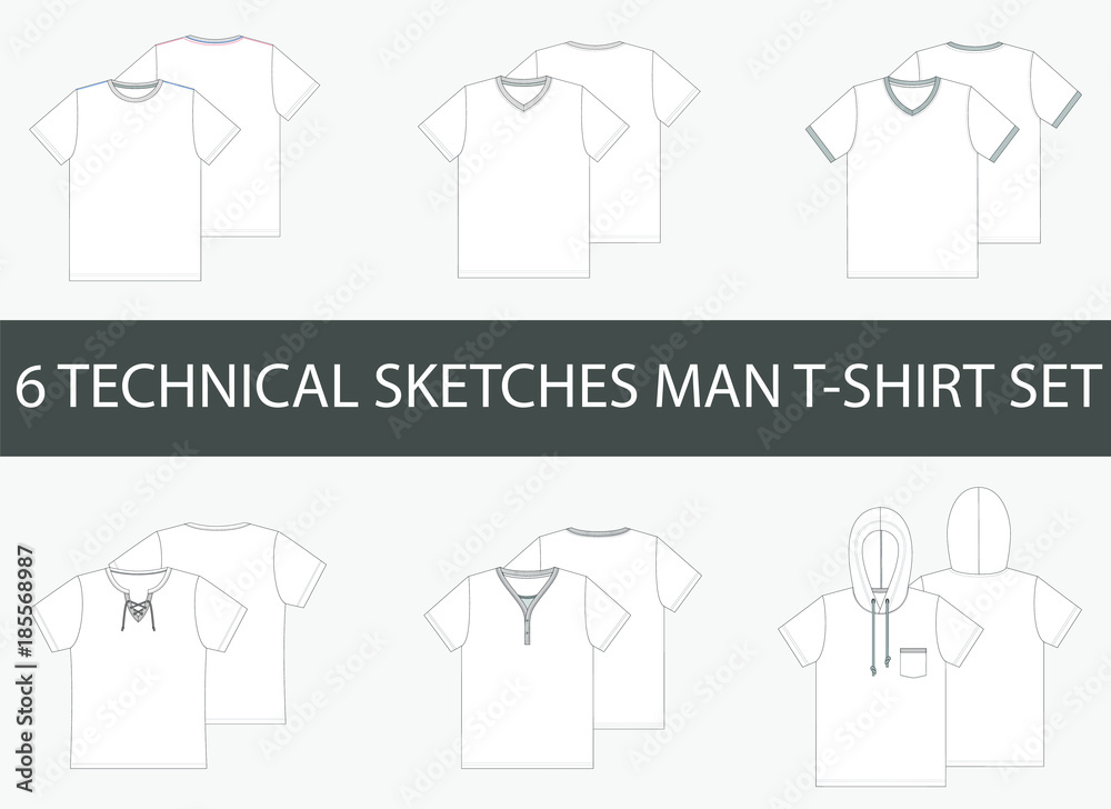 Wall mural 6 Fashion technical sketches of men's T-Shirt in vector.