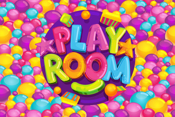 Playroom cartoon kids vector illustration. Color logo on a background of a pool with balls. Toys and games.