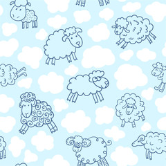 Seamless pattern with sheep in clouds. Can be used for textile, website background, book cover, packaging.
