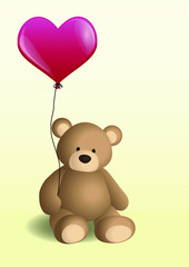 Vector illustration with a brown teddy bear holding a red balloon in form of heart on light yellow background for decoration, postcard, greeting card, poster