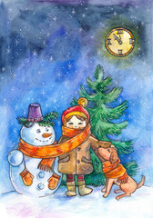 new year's illustration. The girl, the snowman and the dog near the Christmas tree on Christmas night. New year and Christmas